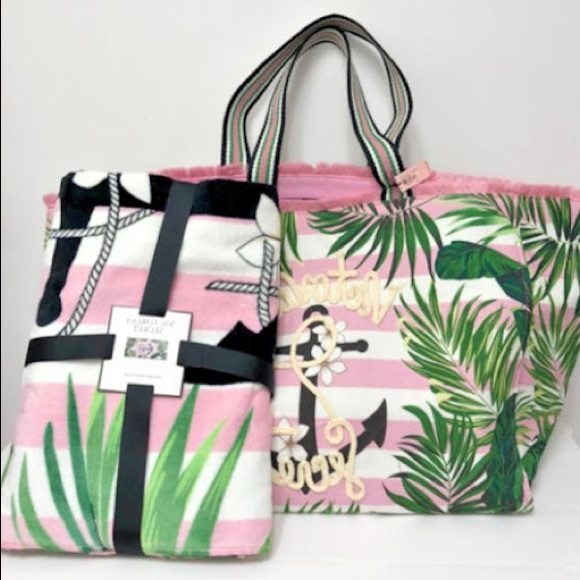 VS Nautical Tropical Island Leaf Anchor Palm Tree Pink Stripe Terry Towel - Picture 3 of 7